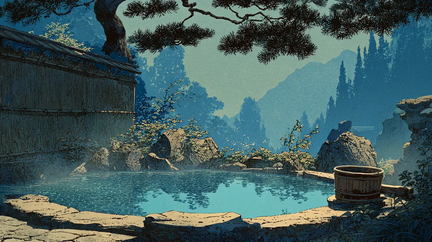 A rotenburo outdoor hot spring bath with natural rocks and steaming water
