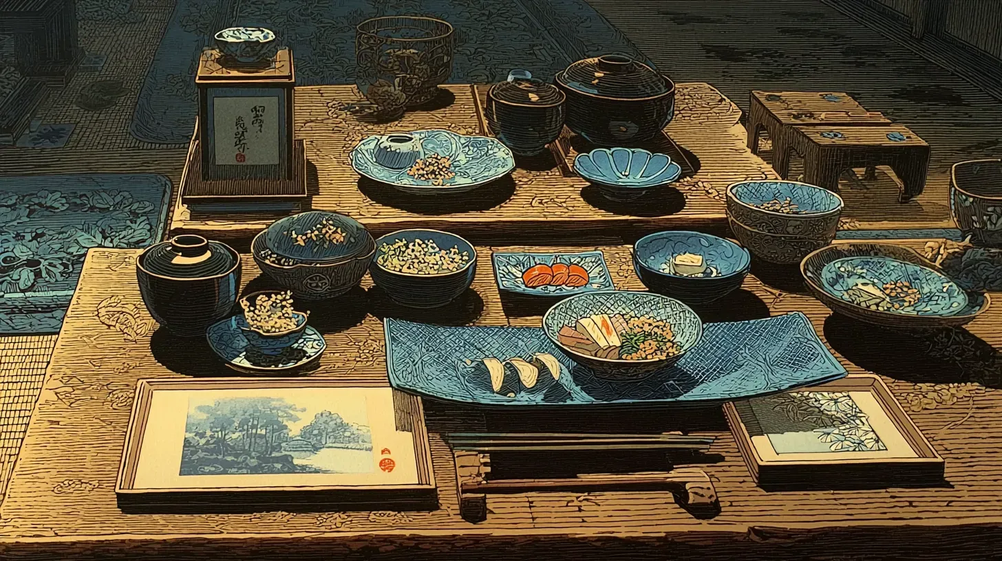 An elaborate kaiseki dinner spread on a low table with seasonal dishes