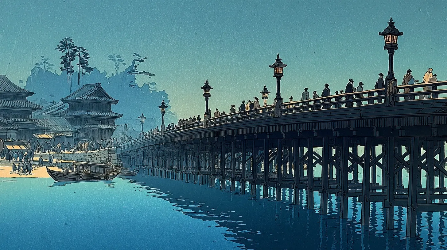 The wooden arched Nihonbashi bridge in Edo-period Japan, with ornamental giboshi finials on the railing posts, merchants crossing above while cargo boats line the canal below
