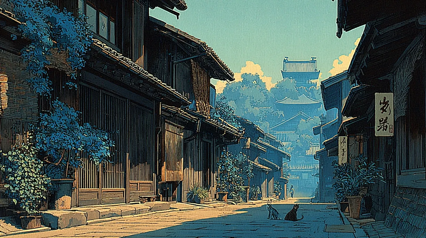 Narrow lanes of Yanaka with traditional wooden shopfronts, a cat resting on a low stone wall, hanging noren curtains, and a distant view of a temple roof above the roofline