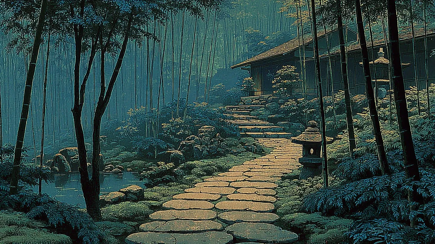 A serene garden path at the Nezu Museum with stone lanterns, moss-covered ground, and bamboo groves, the low modern museum building visible through the trees