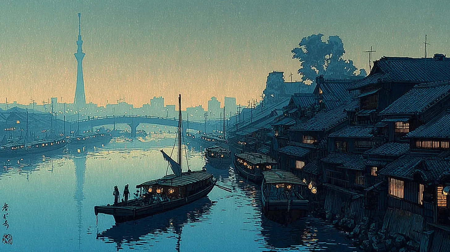 A bird's-eye view of the Sumida River at dusk with the wooden Ryogoku Bridge stretching across the water, pleasure boats moored along the banks, and a tall modern tower silhouette rising in the far distance