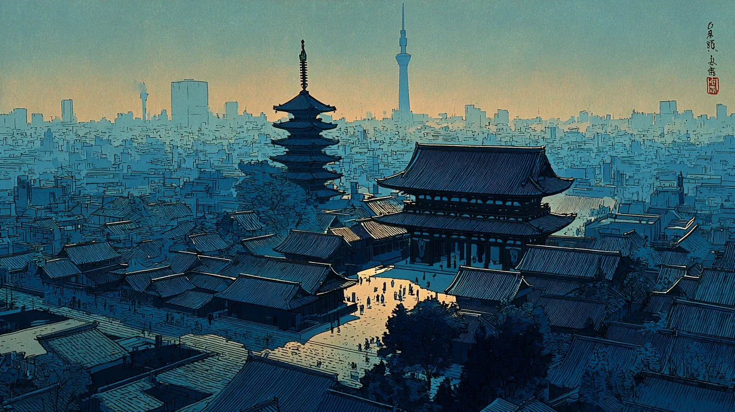 Aerial view of Asakusa at dawn — Sensō-ji and the surrounding temple district, founded in 628, nearly a thousand years before Edo