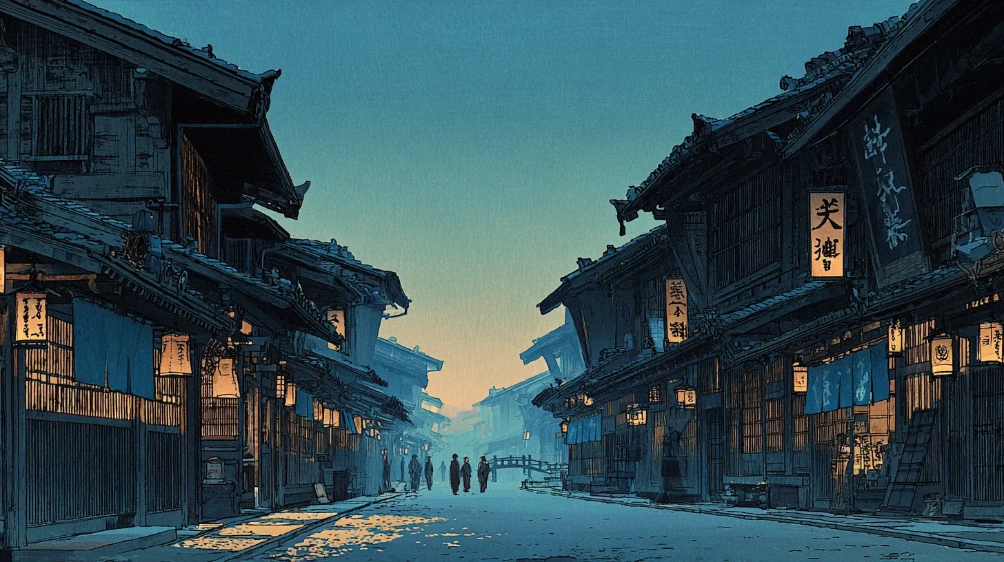 An Edo merchant street at dusk — wooden townhouses, paper lanterns, and the urban life of a million-person city built without glass, carriages, or streetlights