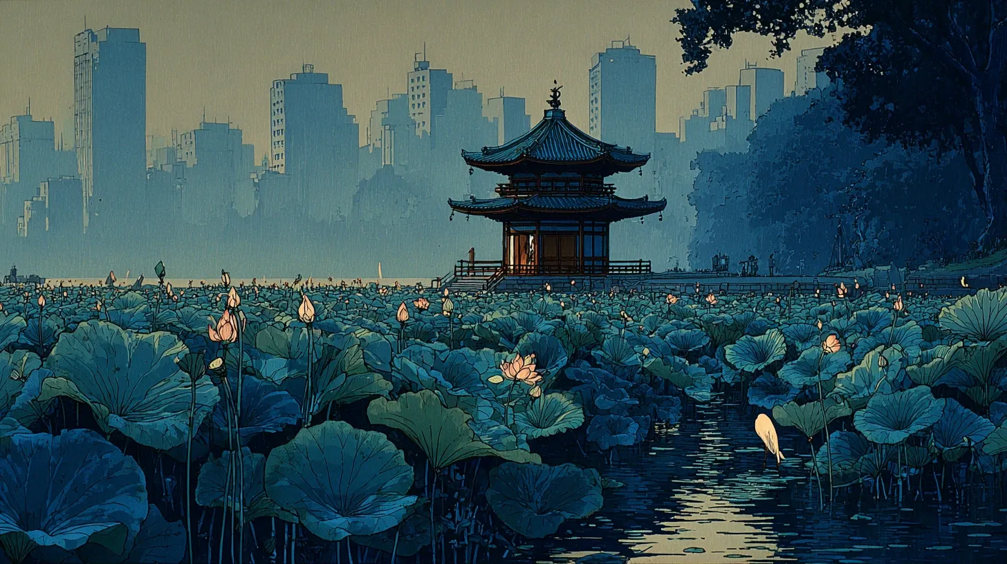 Shinobazu Pond covered in lotus flowers in summer, with the Bentendō temple on its small island visible in the center